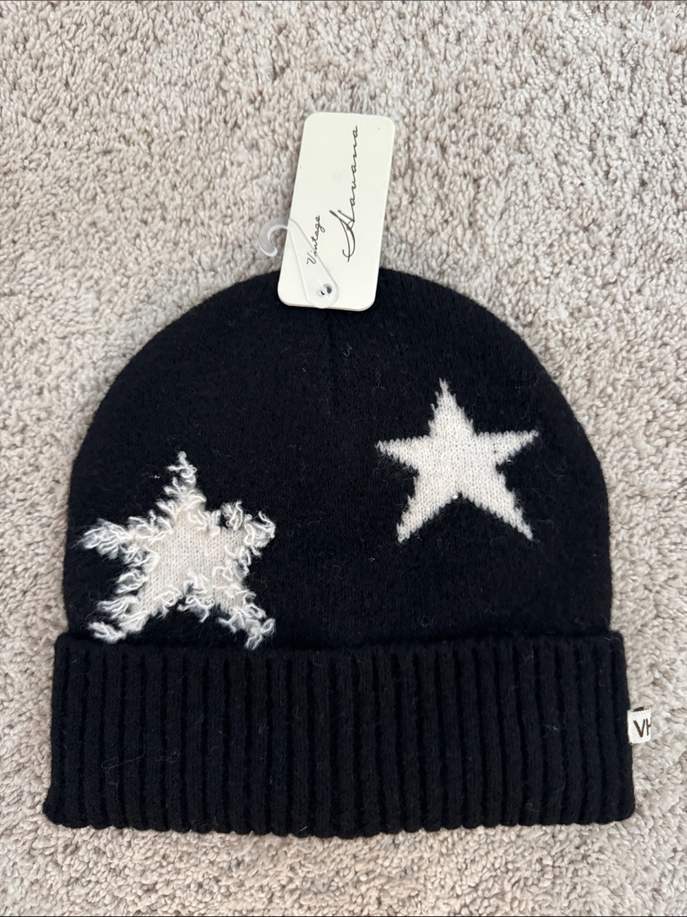 Vintage Havana Black Beanie with White Star Details